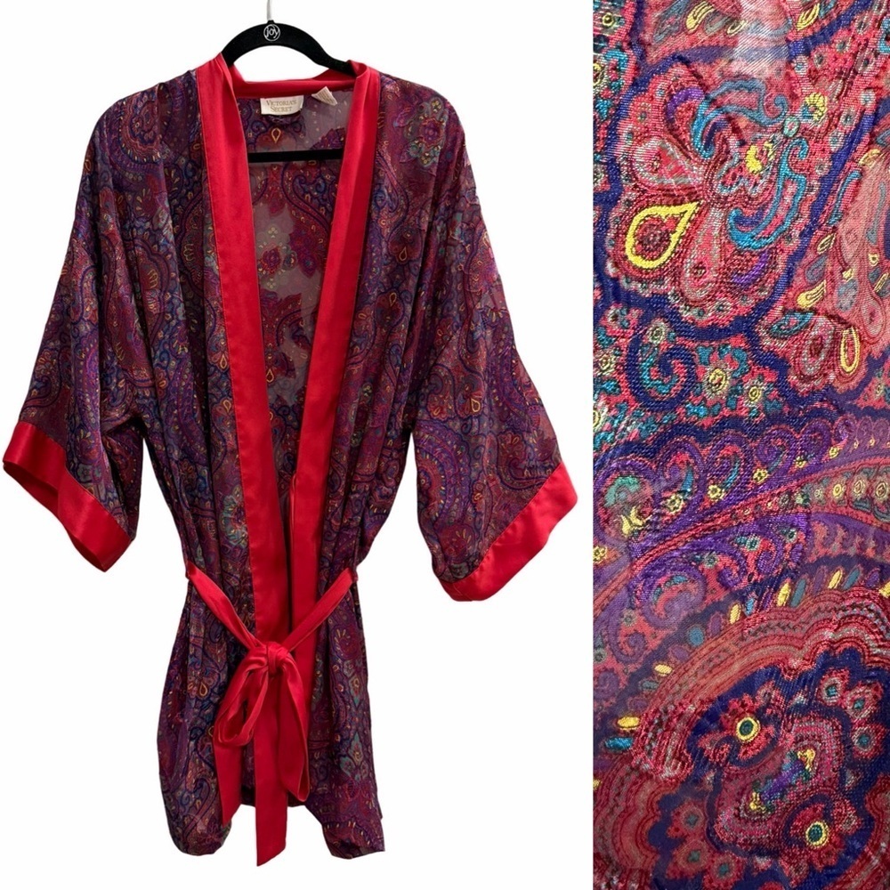 Vintage VICTORIA'S SECRET Gold Label Satin Kimono Robe Red/Purple One Size